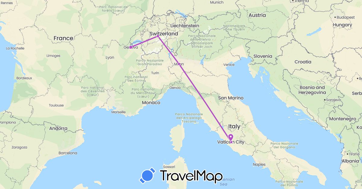 TravelMap itinerary: driving, train in Switzerland, Italy, Vatican City (Europe)